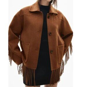 Mango Fringed Wool Blend Oversized Jacket Coat in brown